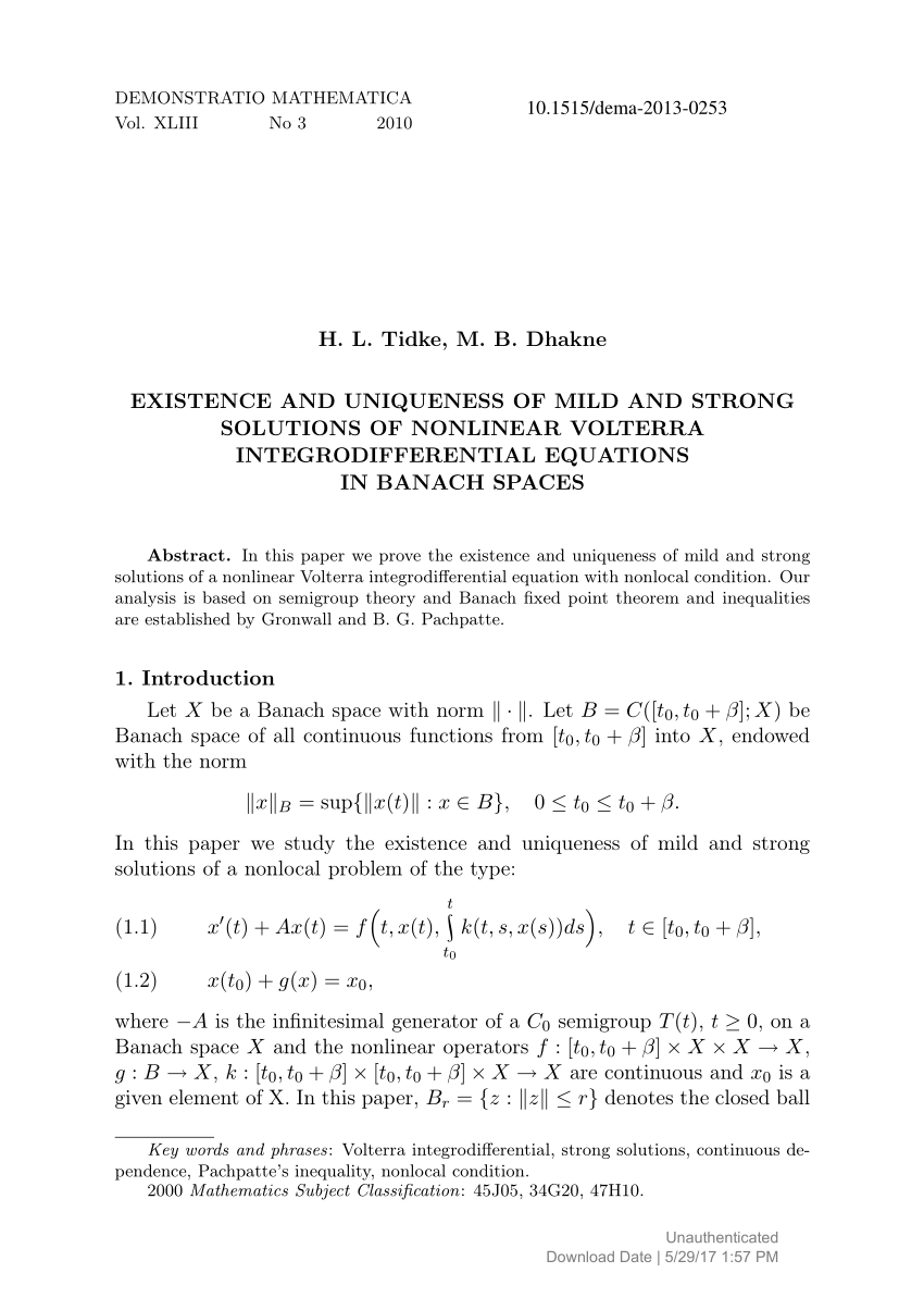 Pdf Existence And Uniqueness Of Mild And Strong Solutions Of Nonlinear Volterra Integrodifferential Equations In Banach Spaces