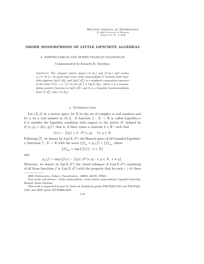 Pdf Order Isomorphisms Of Little Lipschitz Algebras