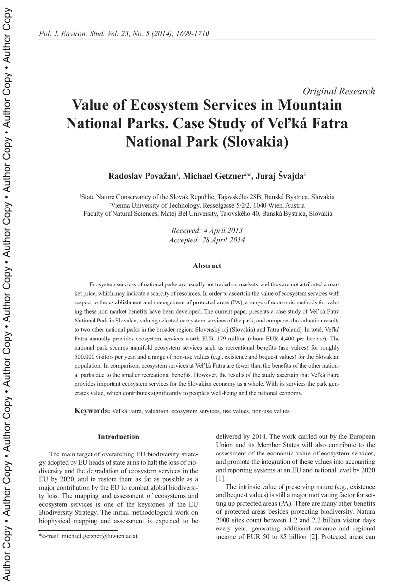 Pdf Value Of Ecosystem Services In Mountain National Parks Case