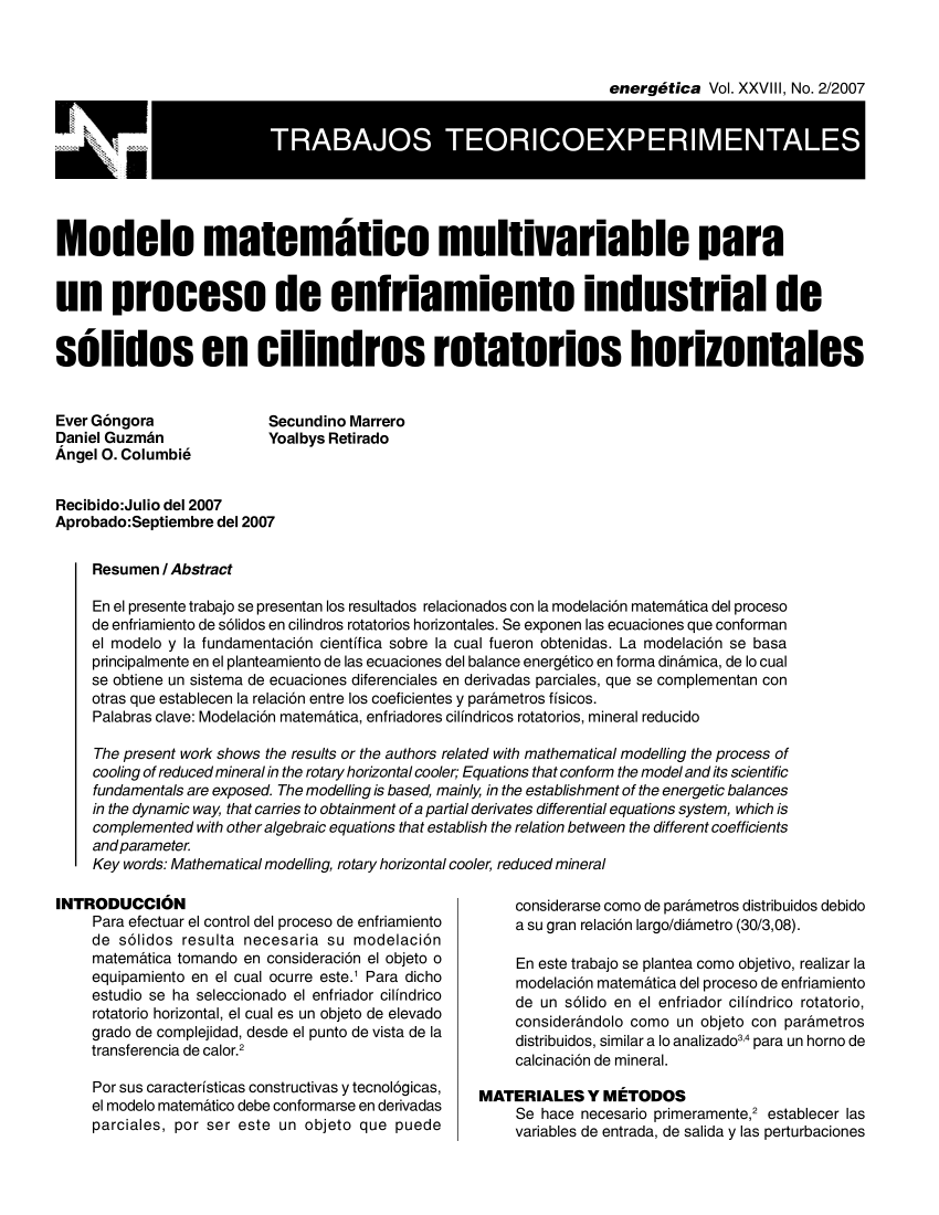 PDF) Modelo matemático multivariable para un proceso de enfriamiento  industrial de sólidos en cilindros rotatorios horizontales