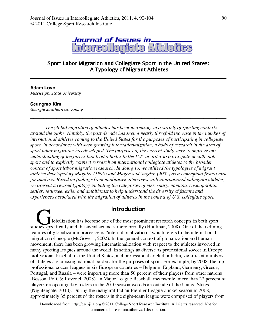 Pdf Sport Labor Migration And Collegiate Sport In The United States A Typology Of Migrant Athletes