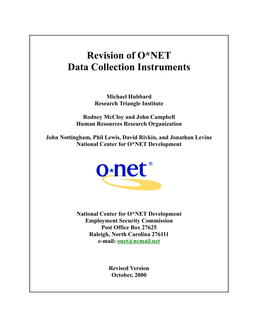 PDF) Revisions to O*NET Data Collection Instruments