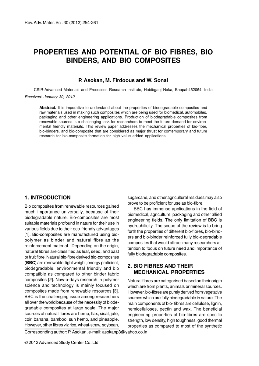 PDF) Properties and potential of bio fibres, bio binders, and bio