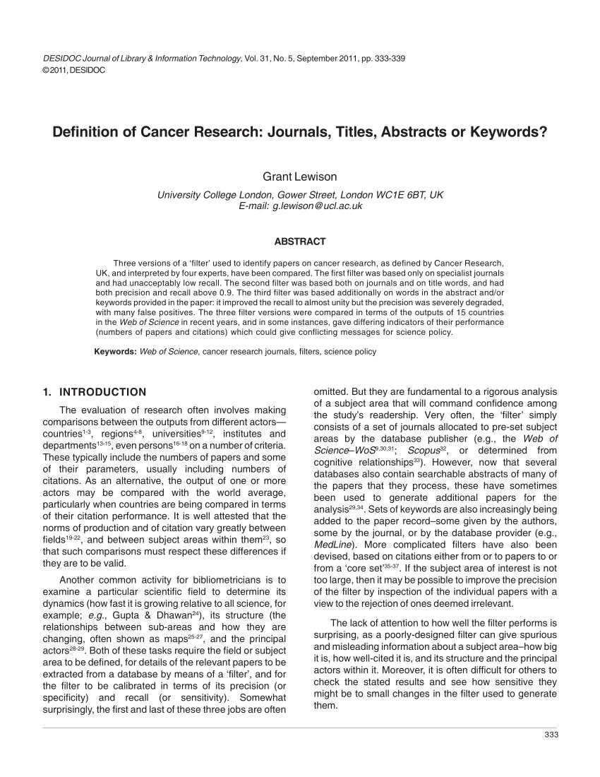 Pdf Definition Of Cancer Research Journals Titles Abstracts Or Keywords