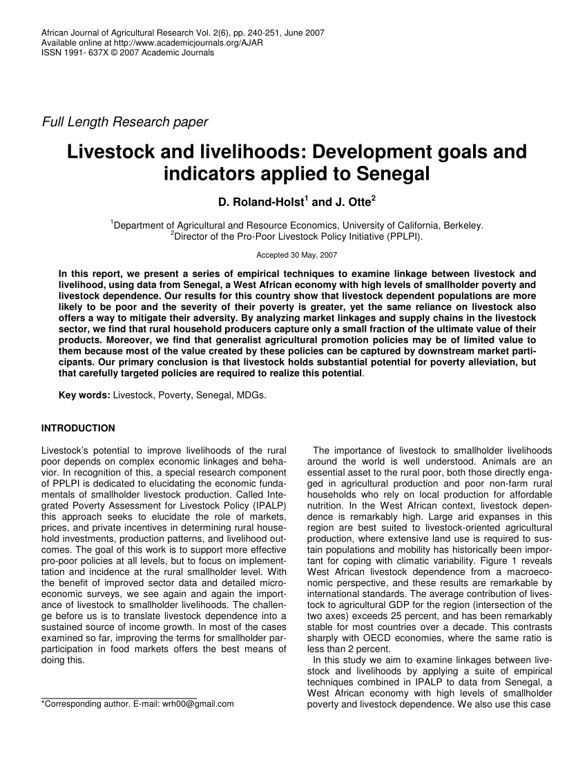 PDF) Livestock and Livelihoods: Development goals and indicators ...