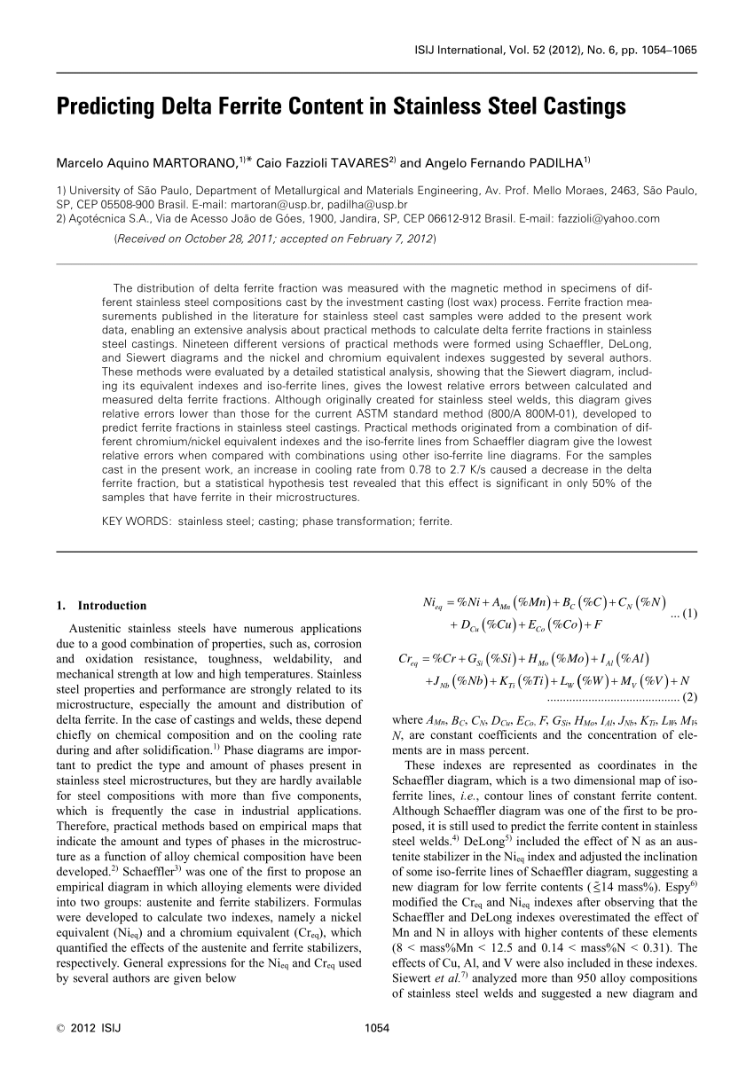 (PDF) Predicting Delta Ferrite Content in Stainless Steel Castings