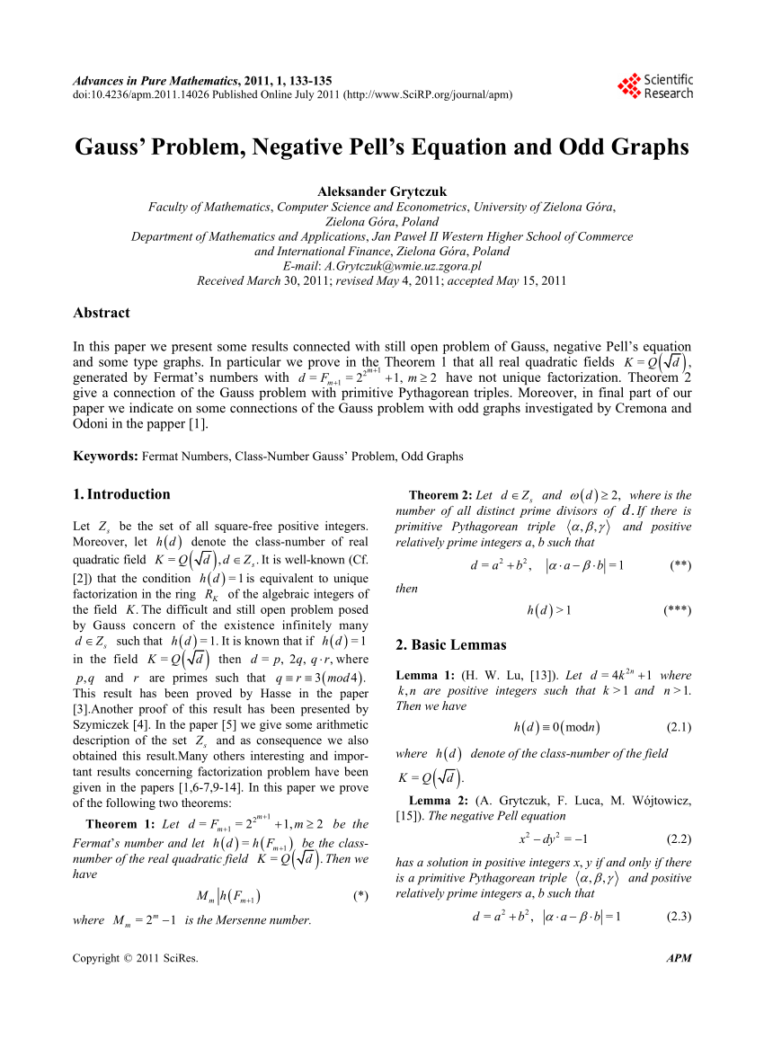 Pdf Gauss Problem Negative Pells Equation And Odd Graphs - 