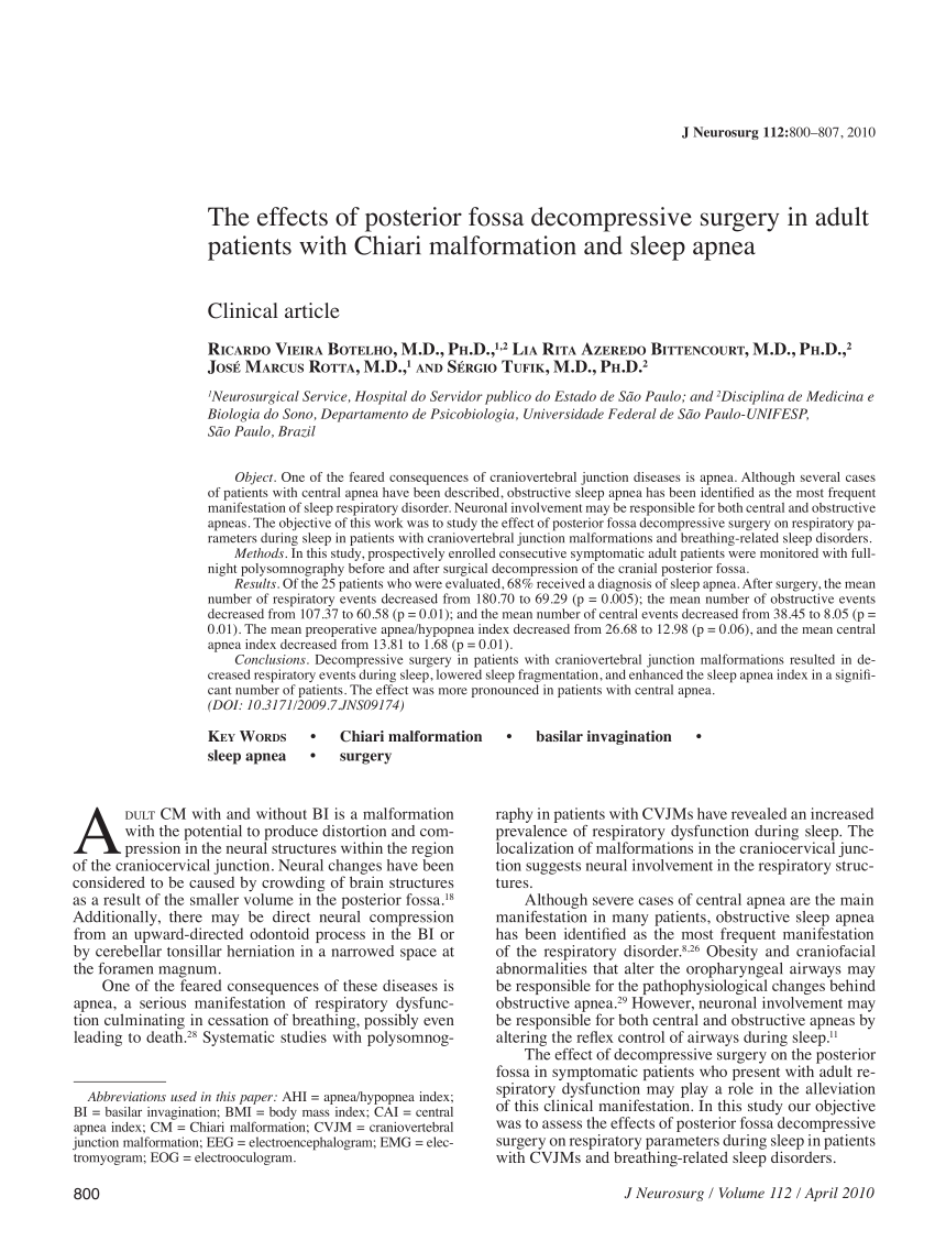 Pdf The Effects Of Posterior Fossa Decompressive Surgery In Adult Patients With Chiari Malformation And Sleep Apnea Clinical Article