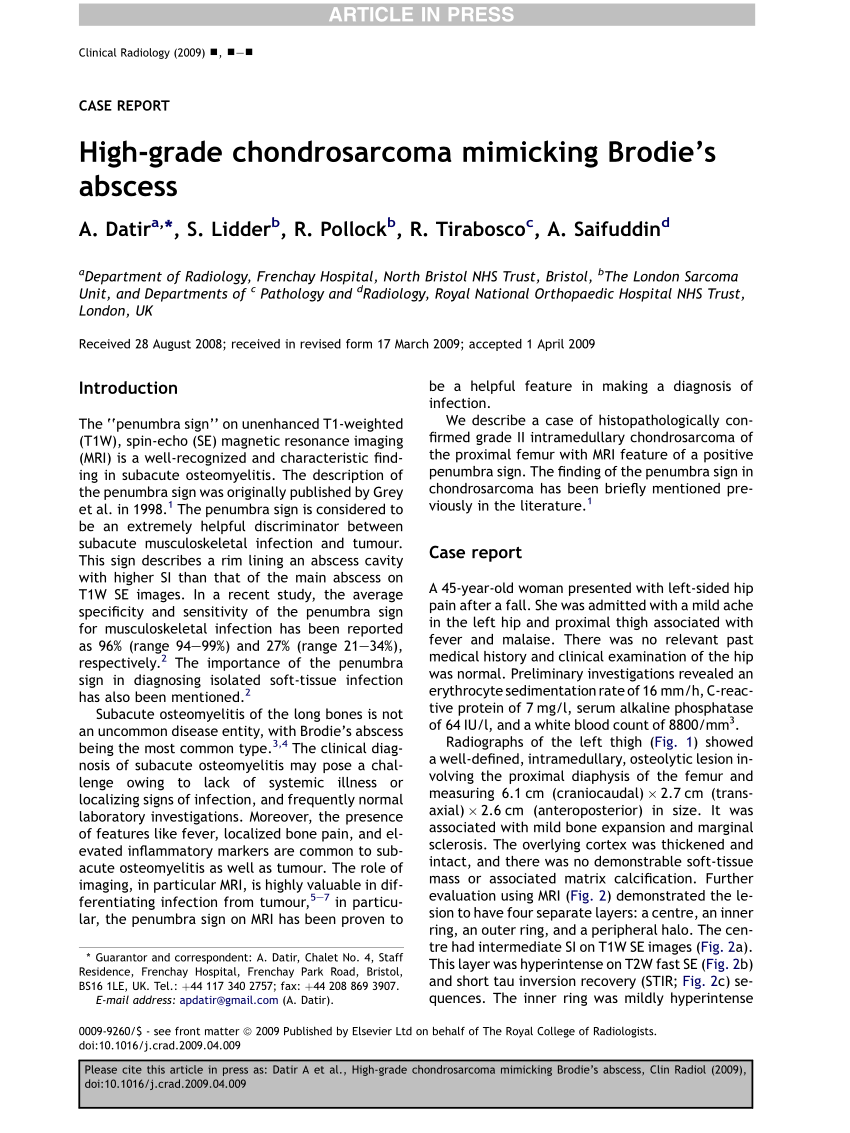 PDF High grade chondrosarcoma mimicking Brodie s abscess