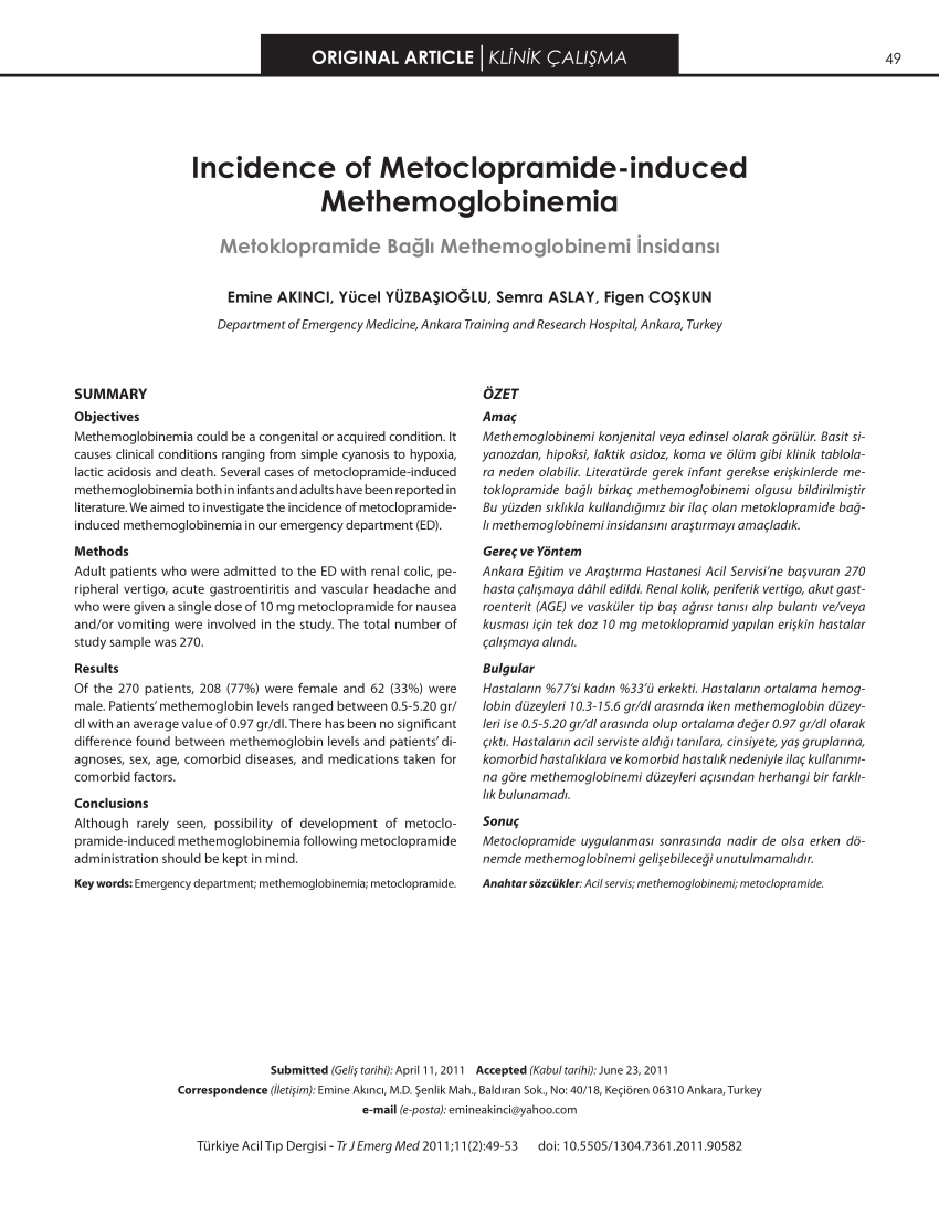 PDF Incidence of Metoclopramide induced Methemoglobinemia 