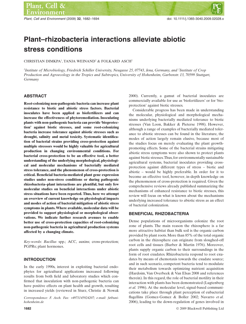 Pdf Plant Rhizobacteria Interactions Alleviate Abiotic Stress Conditions