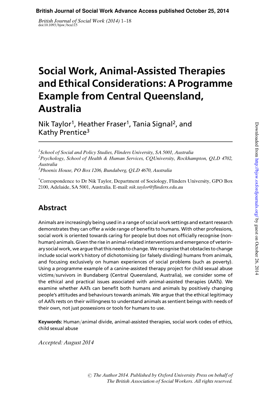 PDF) Social Work, Animal-Assisted Therapies and Ethical Considerations: A  Programme Example from Central Queensland, Australia