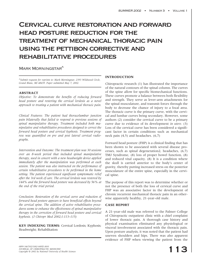PDF) Cervical curve restoration and forward head posture reduction for the  treatment of mechanical thoracic pain using the pettibon corrective and  rehabilitative procedures