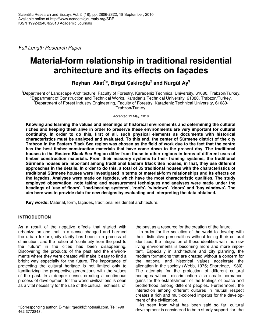 Pdf Material Form Relationship In Traditional Residential Architecture And Its Effects On Façades