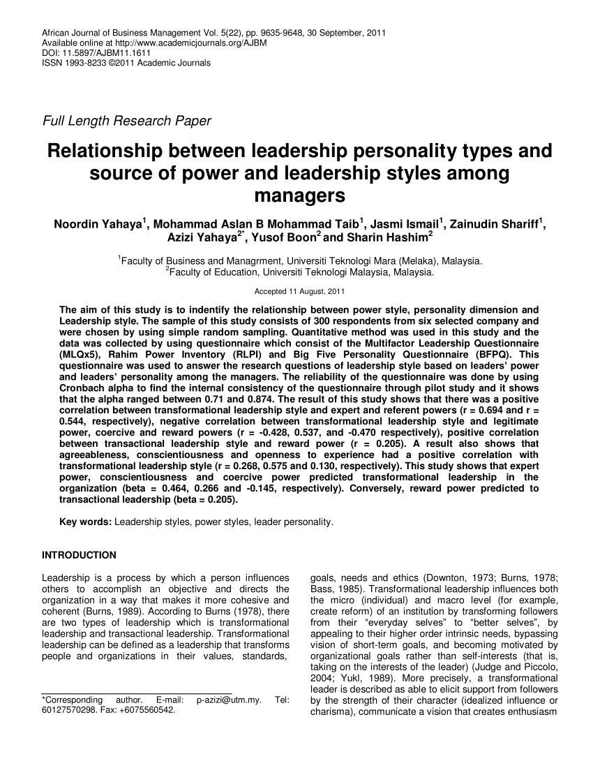 (PDF) Relationship between leadership personality types 