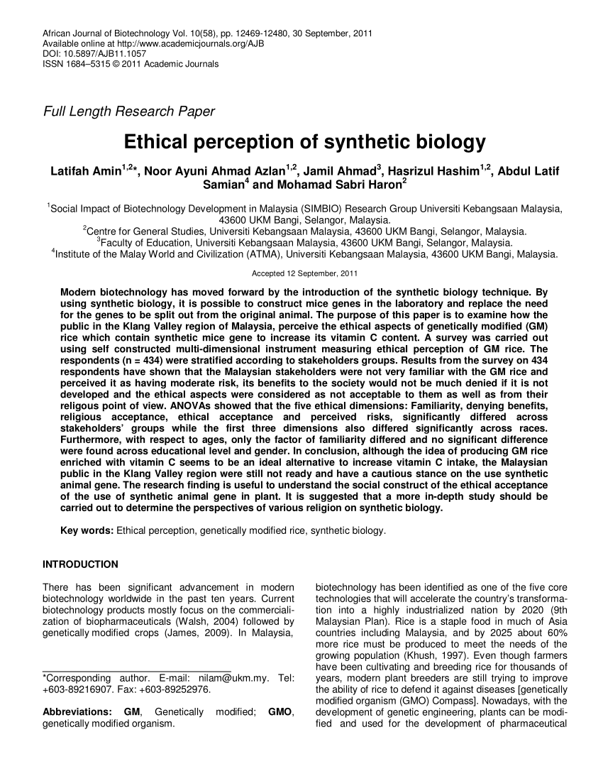 PDF) Ethical perception of synthetic biology