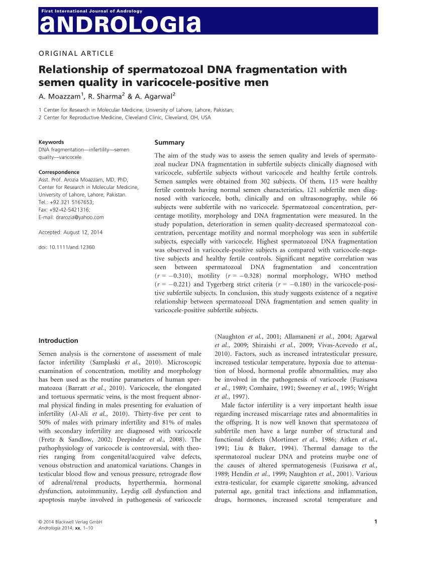 Pdf Relationship Of Spermatozoal Dna Fragmentation With Semen Quality In Varicocele Positive Men 1584