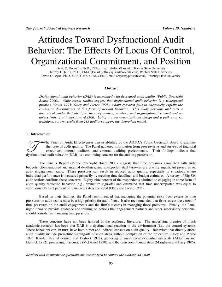 Pdf Attitudes Toward Dysfunctional Audit Behavior The Effects Of Locus Of Control Organizational Commitment And Position