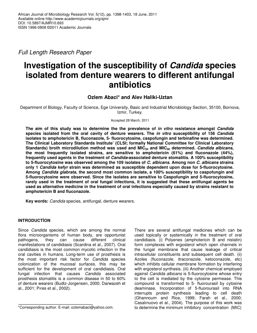 Pdf Investigation Of Susceptibility Of Candida Species Isolated From Denture Wearers To 