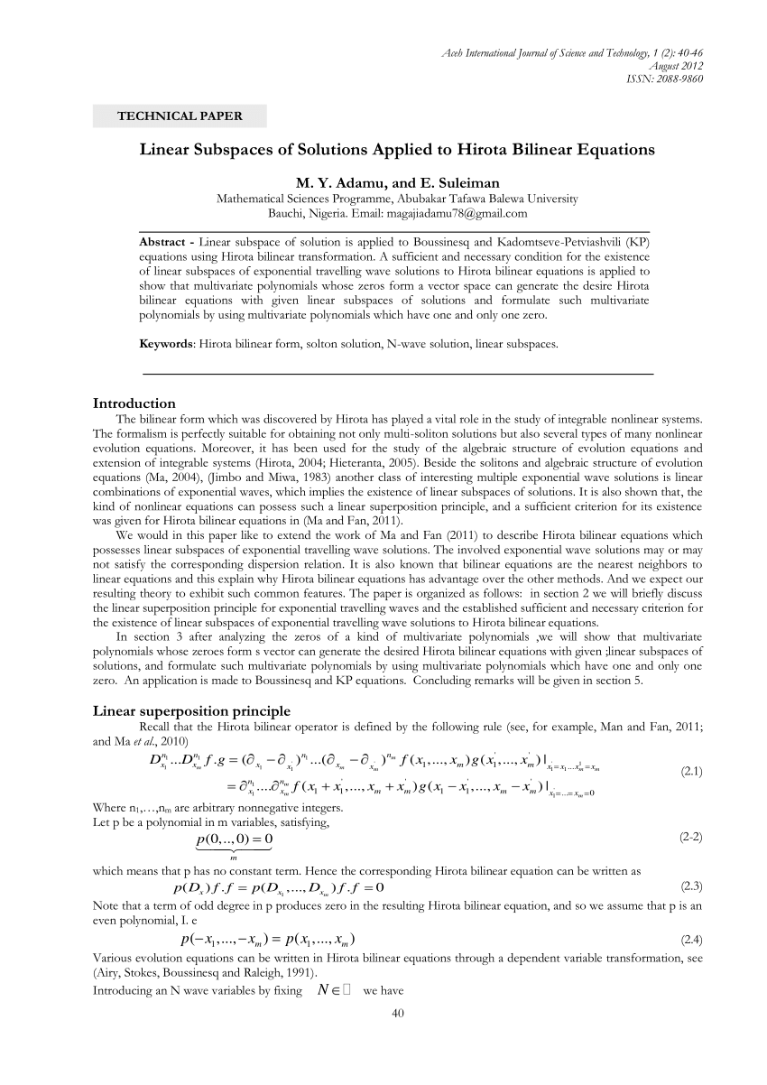 Pdf Linear Subspaces Of Solutions Applied To Hirota Bilinear Equation