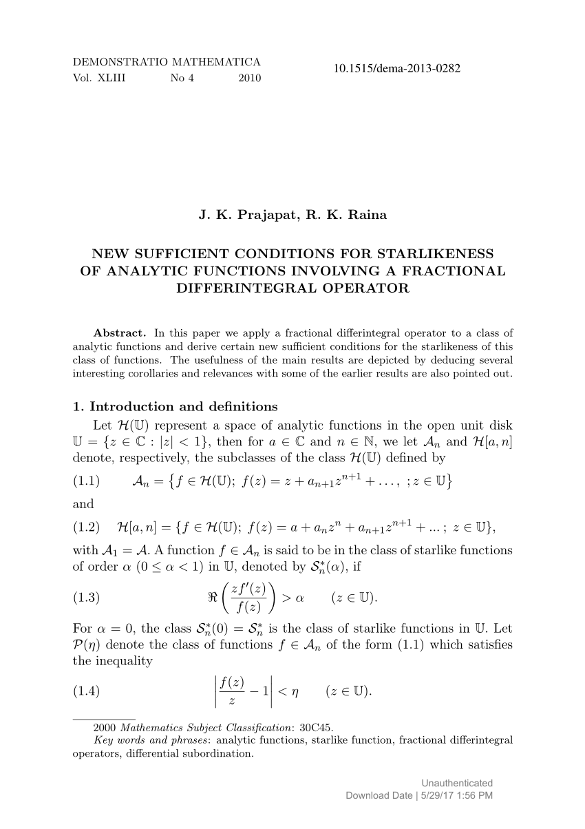 Pdf New Sufficient Conditions For Starlikeness Of Analytic Functions Involving A Fractional Differintegral Operator