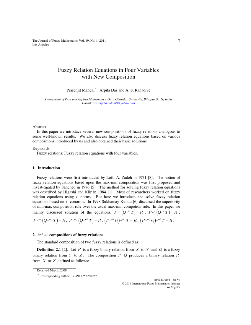 Pdf Fuzzy Relation Equations In Four Variables With New Composition
