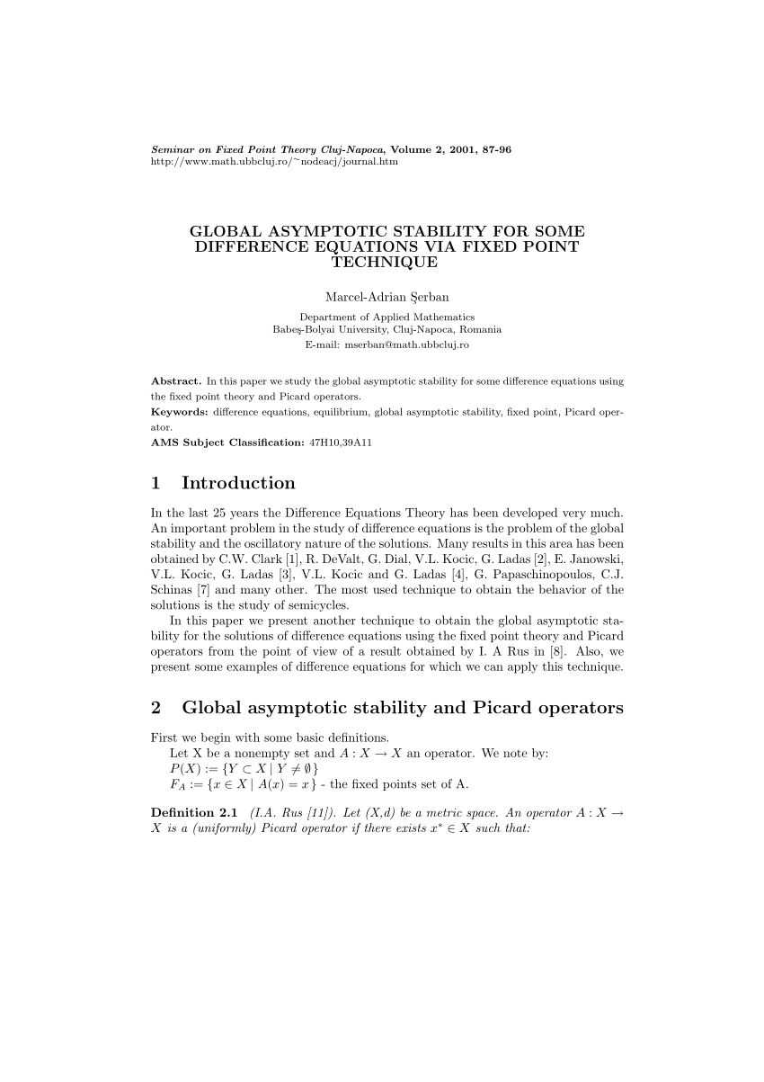 Pdf Global Asymptotic Stability For Some Difference Equations Via Fixed Point Technique