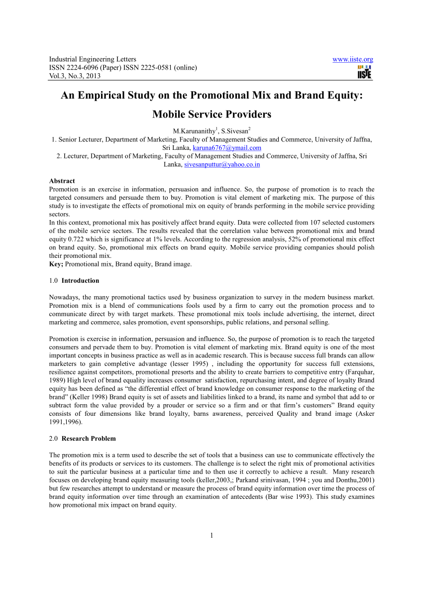 Pdf Empirical Study On The Promotional Mix And Brand Equity Mobile