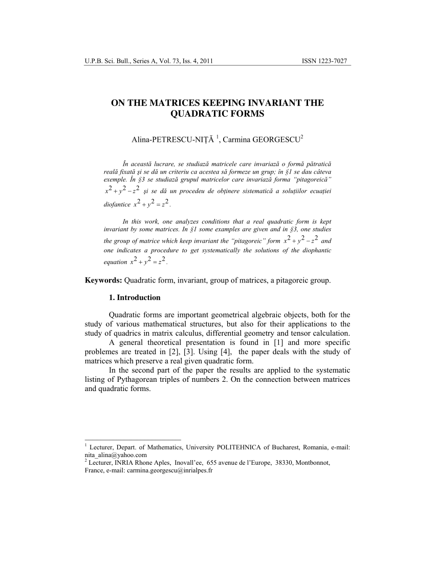 Pdf On The Matrices Keeping Invariant The Quadratic Forms