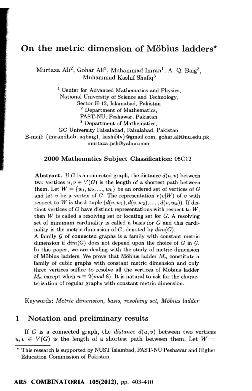 Pdf On The Metric Dimension Of Mobius Ladders