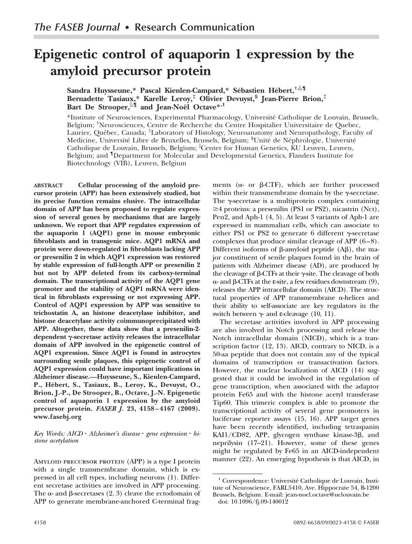 PDF) Epigenetic control of Aquaporin 1 expression by the amyloid