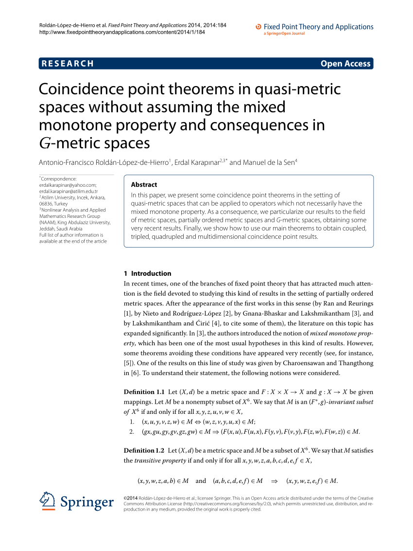 Pdf Roldan Lopez De Hierro Et Al Coincidence Point Theorems In Quasi Metric Spaces Without Assuming The Mixed Monotone Property And Consequences In G Metric Spaces