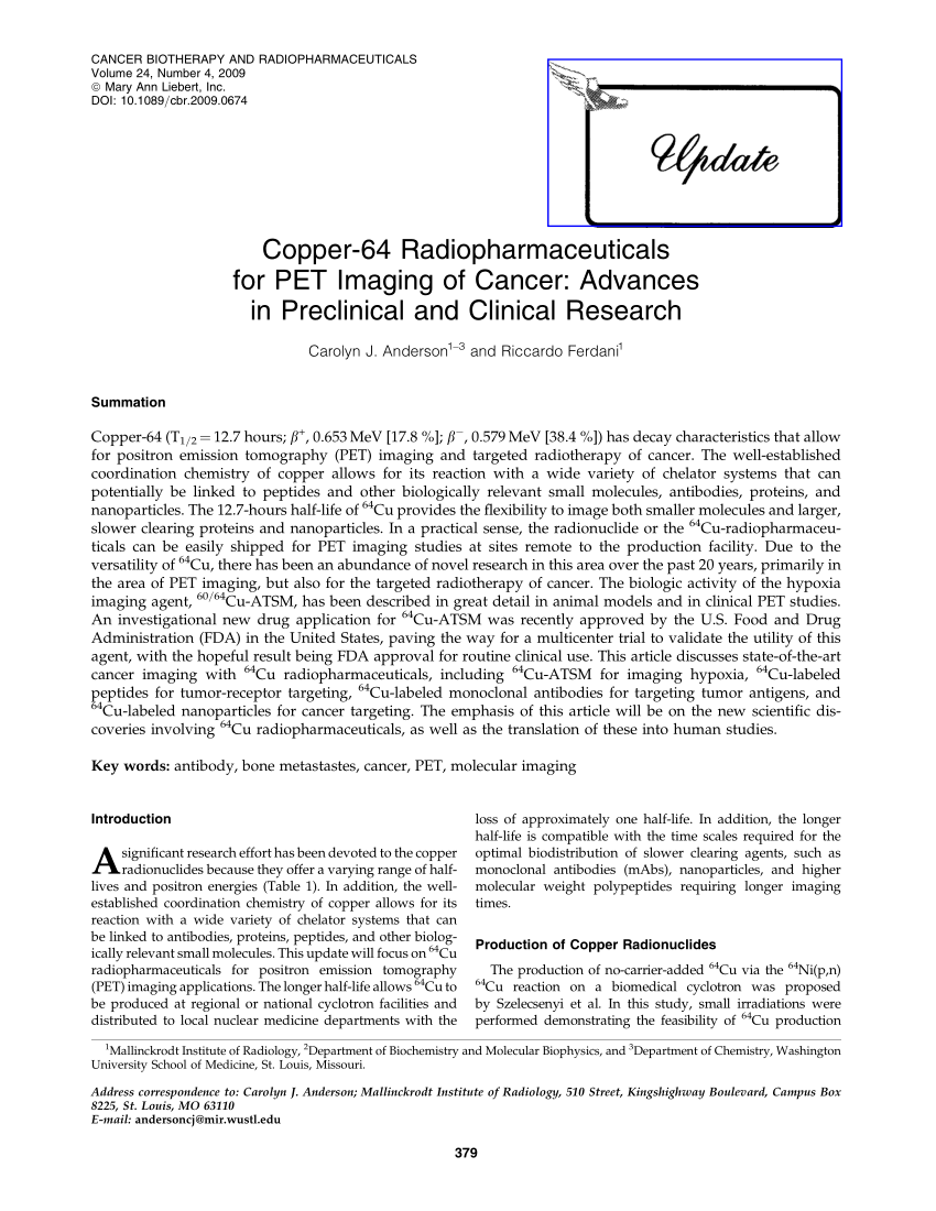 Pdf Copper 64 Radiopharmaceuticals For Pet Imaging Of Cancer Advances In Preclinical And Clinical Research