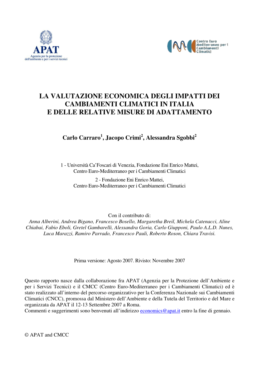 PDF) LA VALUTAZIONE ECONOMICA DEGLI IMPATTI DEI CAMBIAMENTI CLIMATICI IN  ITALIA E DELLE RELATIVE MISURE DI ADATTAMENTO