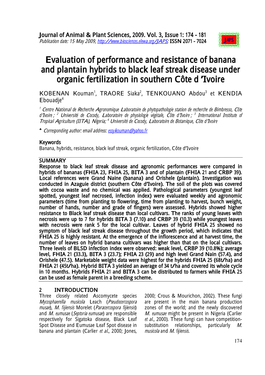 Pdf Evaluation Of Performance And Resistance Of Banana And Plantain Hybrids To Black Leaf Streak Disease Under Organic Fertilization In Southern Cote D Ivoire