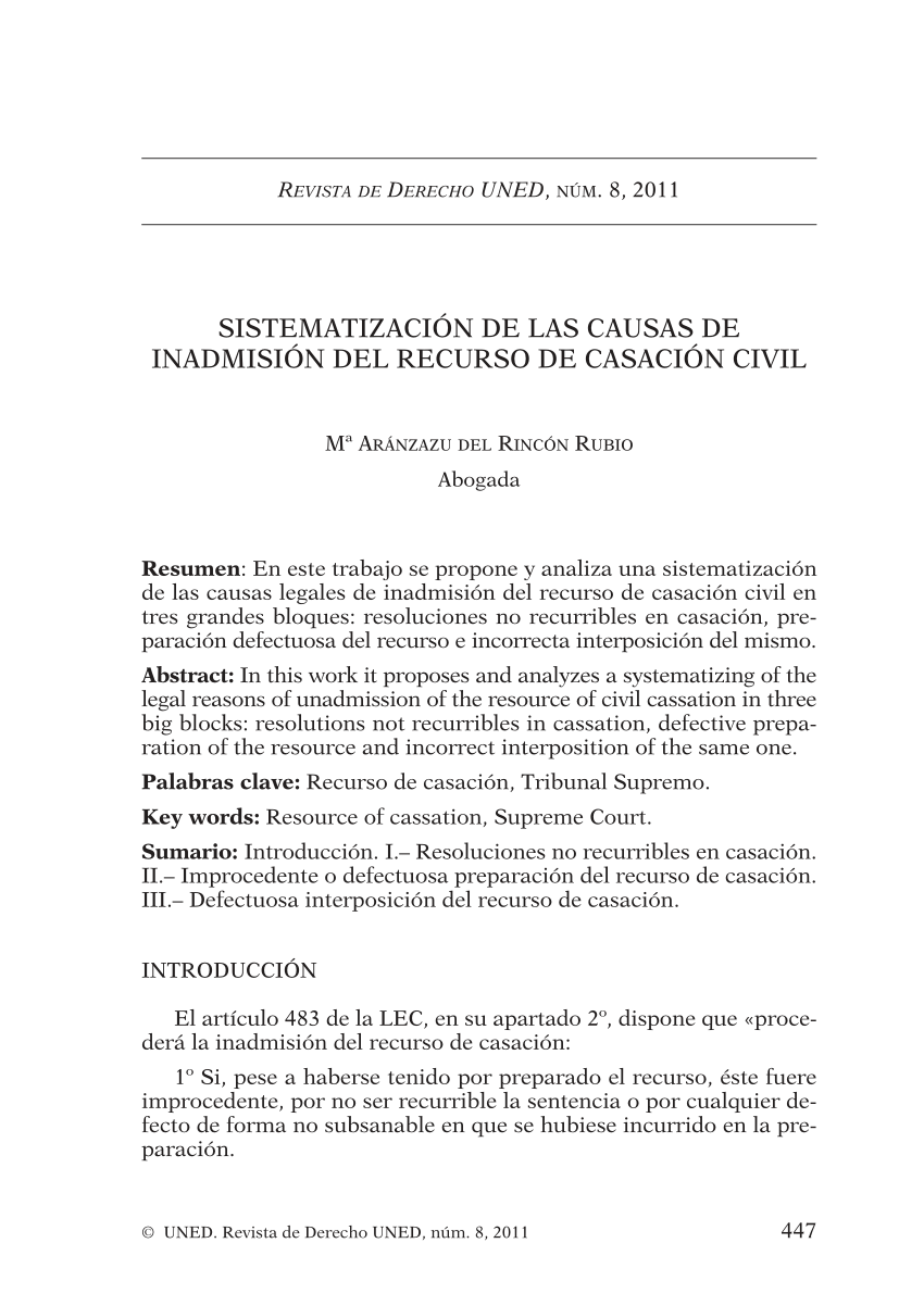 PDF) Sistematización de las causas de inadmisión del recurso de casación  civil