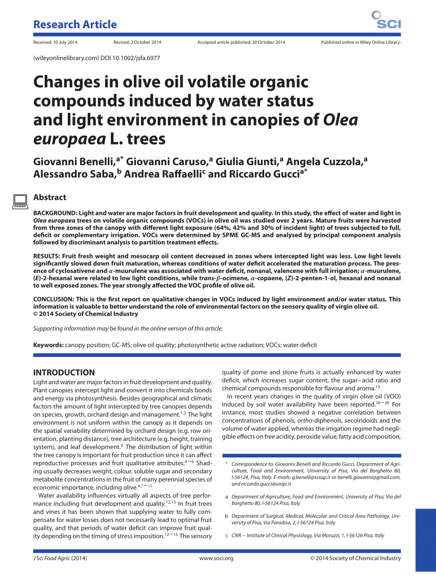 Pdf Changes In Olive Oil Vocs Induced By Water Status And Light Environment In Canopies Of Olea Europaea L Trees