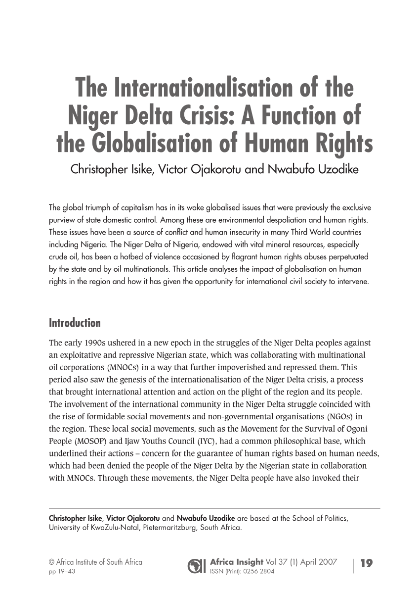 Pdf The Internatioalisation Of The Niger Delta Crisis A Function Of The Globalisation Of Human Rights