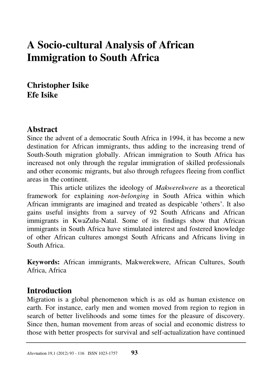 Pdf A Socio Cultural Analysis Of African Immigration To South Africa