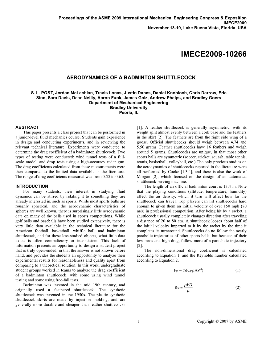 PDF] Measurements of aerodynamic properties of badminton shuttlecocks
