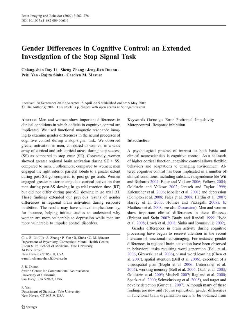 Pdf Gender Differences In Cognitive Control An Extended Investigation Of The Stop Signal Task