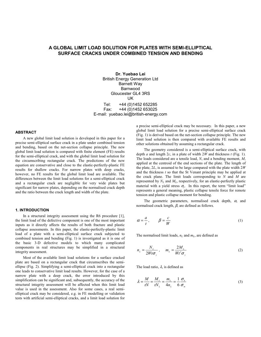 (PDF) A Global Limit Load Solution for Plates With Semi-Elliptical ...