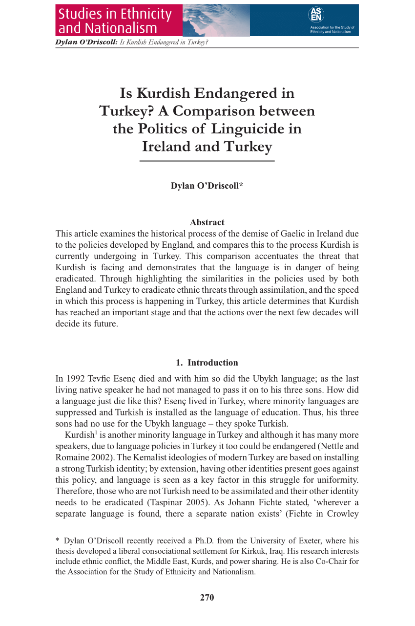 Pdf Is Kurdish Endangered In Turkey A Comparison Between The Politics Of Linguicide In Ireland And Turkey