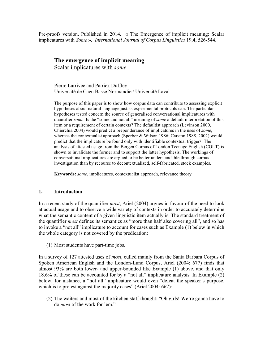 Pdf The Emergence Of Implicit Meaning Scalar Implicatures With Some