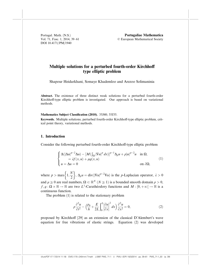 Pdf Multiple Solutions For A Perturbed Fourth Order Kirchhoff Type Elliptic Problem