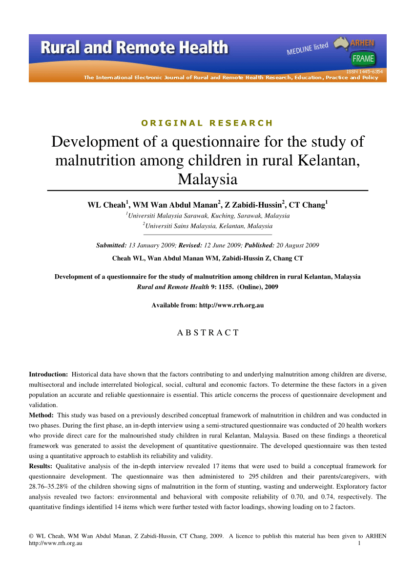 sample questionnaire for thesis about malnutrition