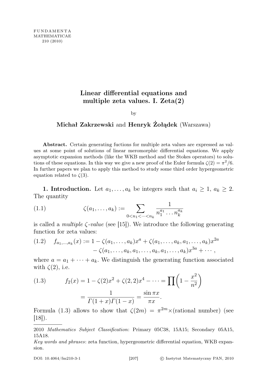 Pdf Linear Differential Equations And Multiple Zeta Values I Zeta 2