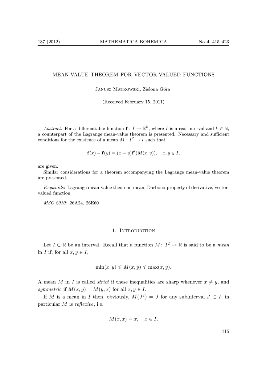 Pdf Mean Value Theorem For Vector Valued Functions