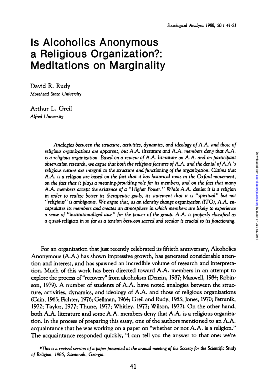 Pdf Is Alcoholics Anonymous A Religious Organization Meditations On Marginality