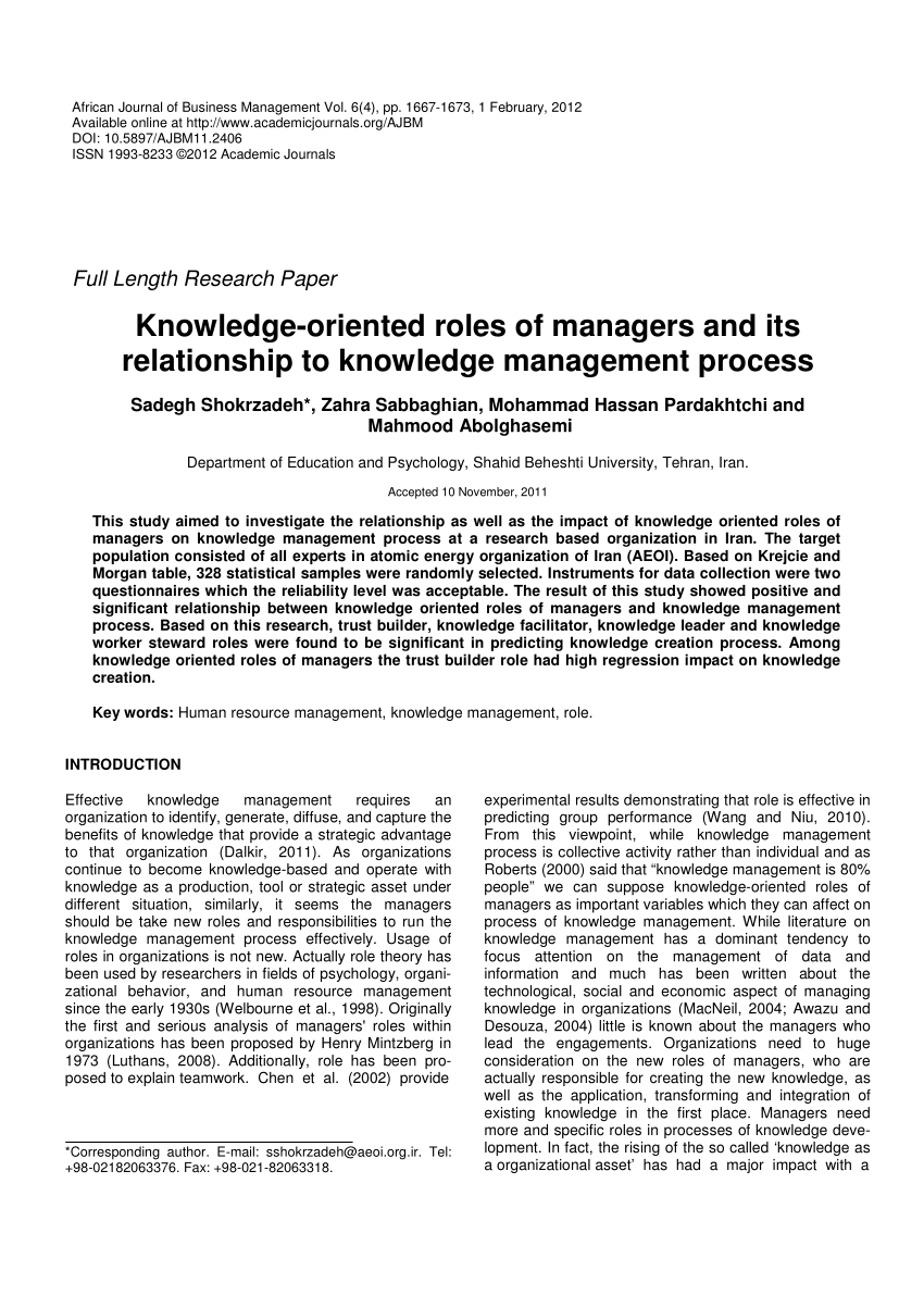 Pdf) Knowledge-Oriented Roles Of Managers And Its Relationship To Knowledge  Management Process